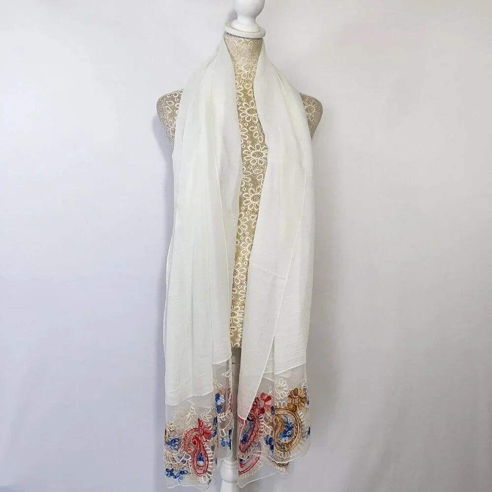Scarf Women's Rectangle White Detailed Floral Embroidered Linen Blend Boho City